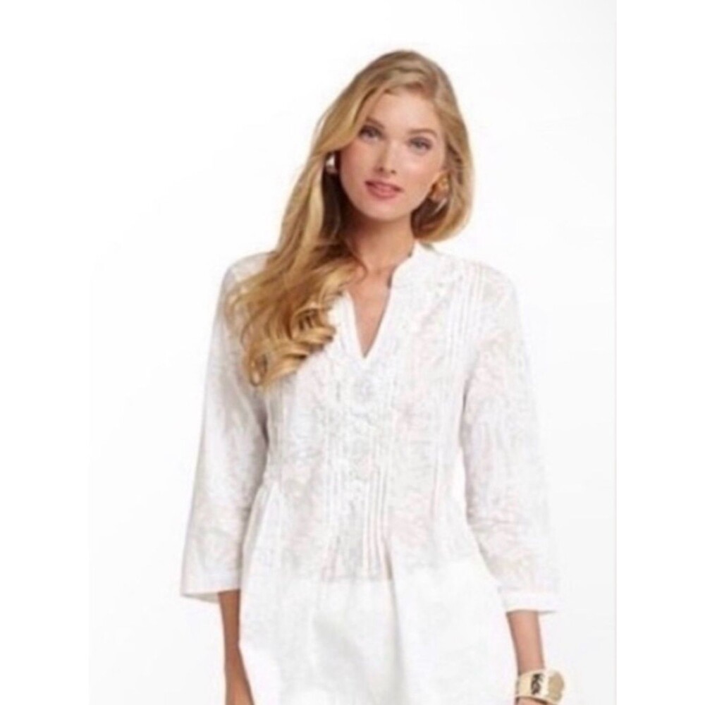 Lilly Pulitzer White Beaded Linen Blend Tunic Dress Cover-Up | Size Small